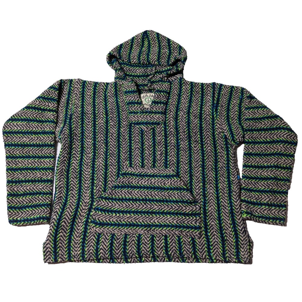 BAJA JOE Drug Rug Men‎ Large Blue Green Acrylic Blend Mexican Bordeaux Hoodie